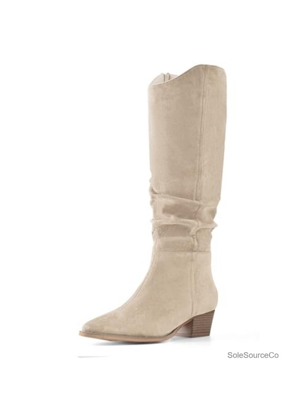 Women's Knee High Pointed Toe Cowboy Boots Faux Suede Slouchy Wide Calf Chunky